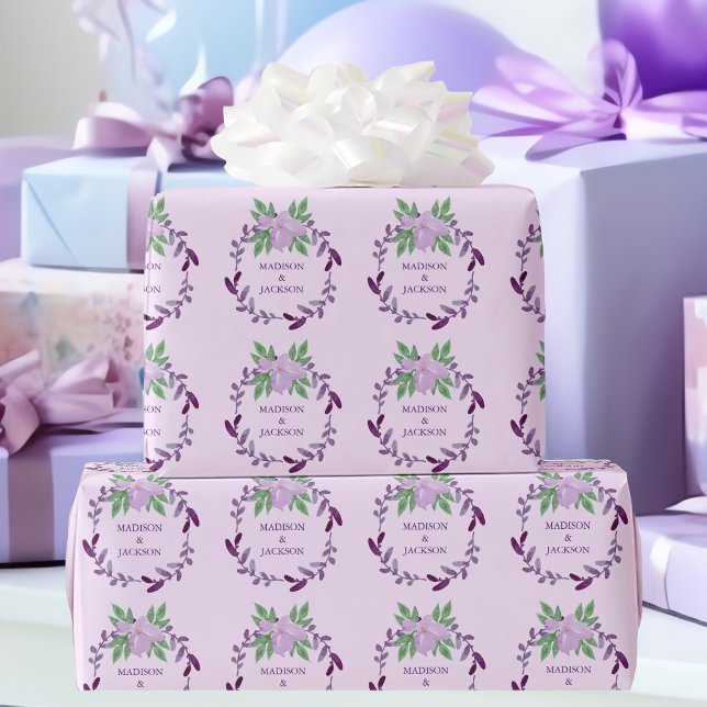 Purple Floral Vine Wreath Custom Wedding Wrapping Paper (Creator Uploaded)