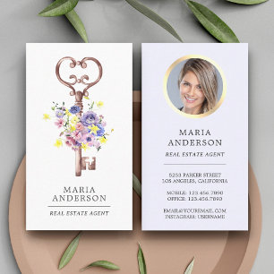 Purple Floral Vintage Key Real Estate Agent Photo Business Card