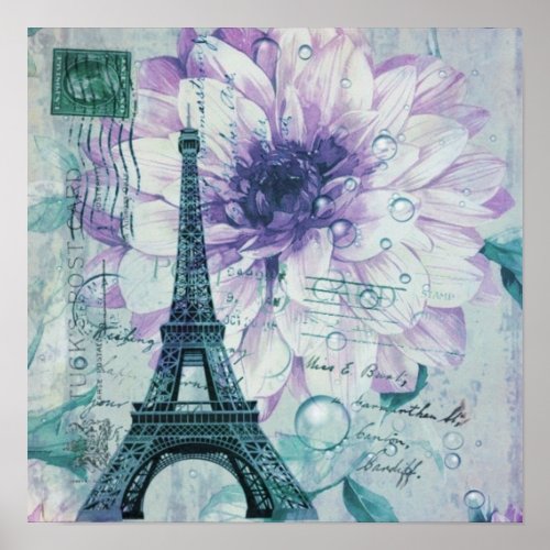 purple floral Vintage Paris Eiffel Tower Poster