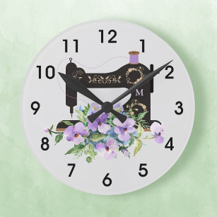Purple Floral Vintage Sewing Machine Monogram Large Clock