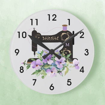 Purple Floral Vintage Sewing Machine Monogram Large Clock by ClockORama at Zazzle