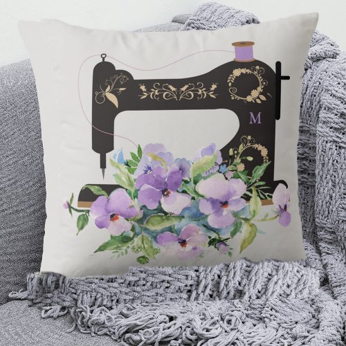 Purple Floral Vintage Sewing Machine Monogram Throw Pillow