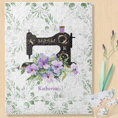 Purple Floral Vintage Sewing Machine Personalized Jigsaw Puzzle
