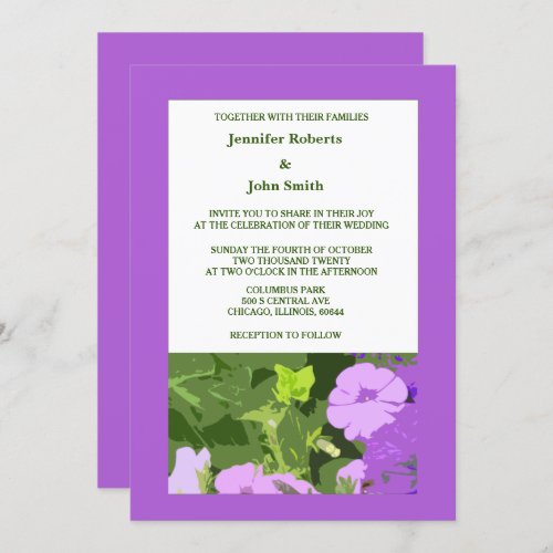 Purple Floral  Violet Flowers Green Leaves Wedding Invitation