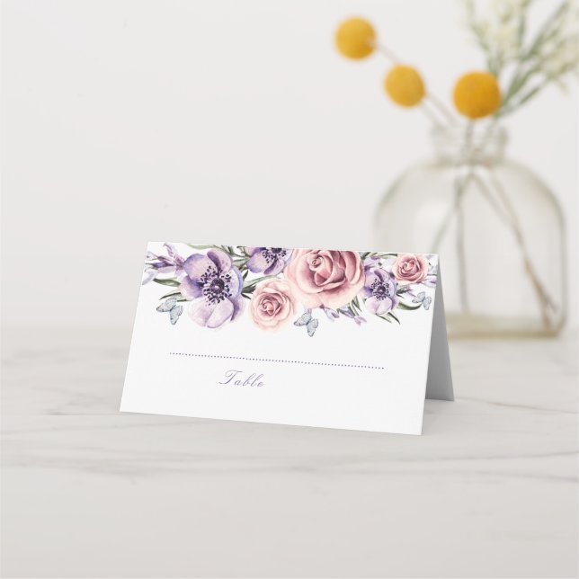 Purple Floral Watecolor Place Card (Front)