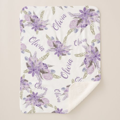 Purple floral watercolor Baby Girl Name script Sherpa Blanket