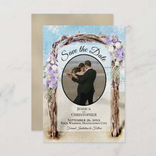 Purple Floral Watercolor Beach Arbor Photo Wedding Save The Date