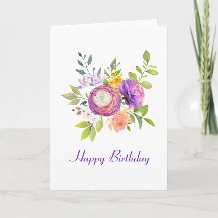 Purple Floral Watercolor Birthday Card | Zazzle