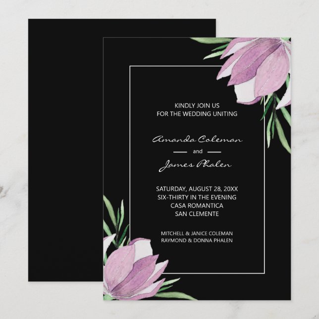 Purple Floral Watercolor Black Wedding  Invitation (Front/Back)