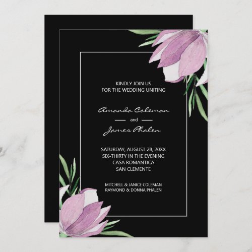 Purple Floral Watercolor Black Wedding  Invitation