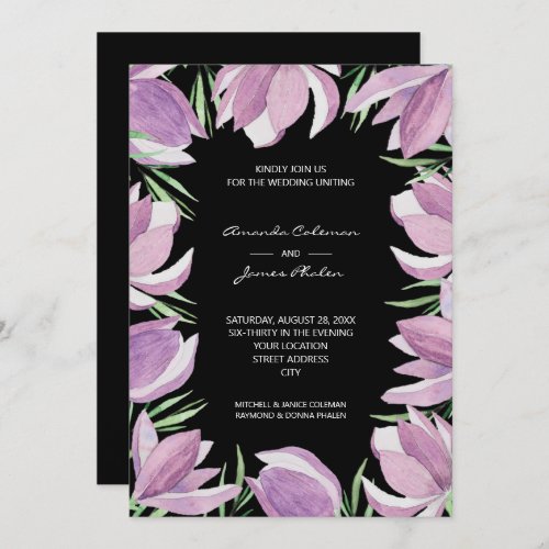 Purple Floral Watercolor Black Wedding Invitation