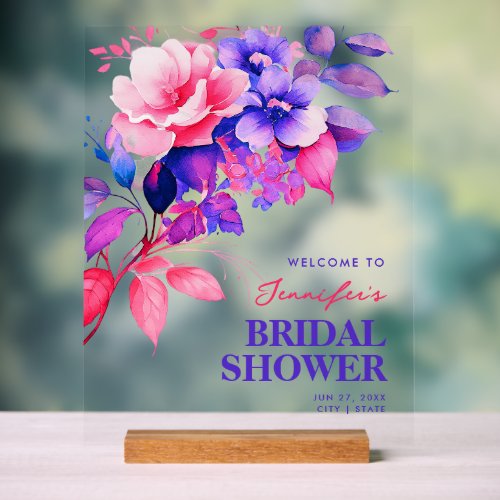 Purple Floral Watercolor Bridal Shower Welcome  Acrylic Sign