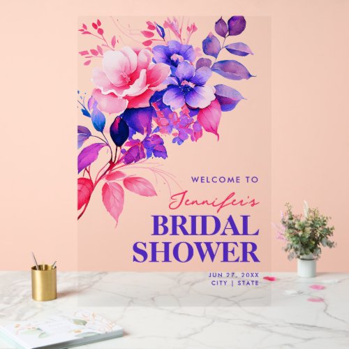 Purple Floral Watercolor Bridal Shower Welcome  Acrylic Sign