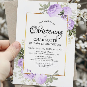 Purple Floral Watercolor Christening Invitation