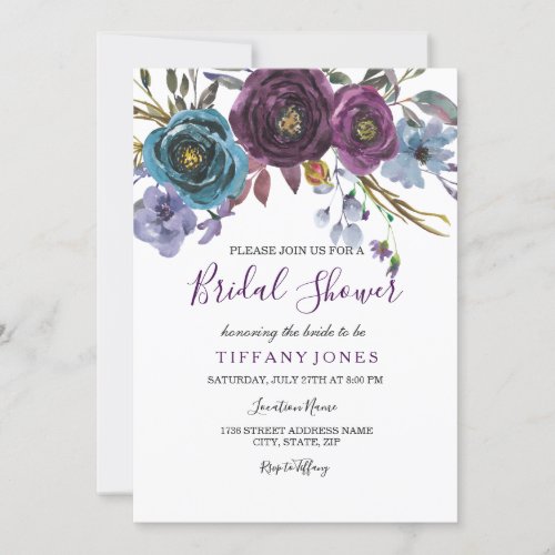 Purple Floral Watercolor Elegant Bridal Shower Invitation
