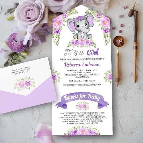 Purple Floral Watercolor Elephant Baby Shower All In One Invitation
