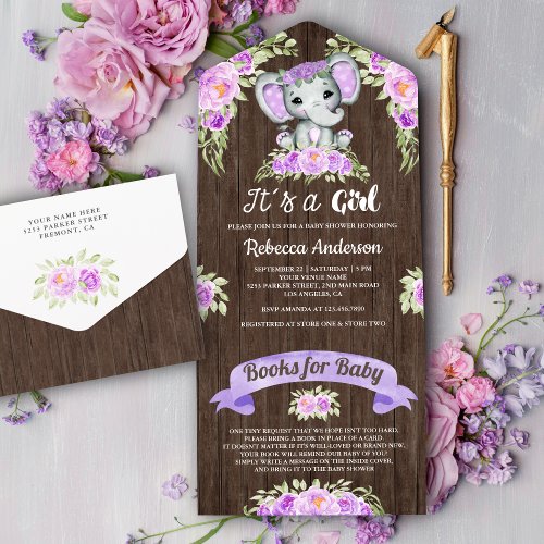 Purple Floral Watercolor Elephant Wood Baby Shower All In One Invitation