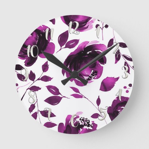 Purple Floral Watercolor Flowers Elegant Chic Round Clock