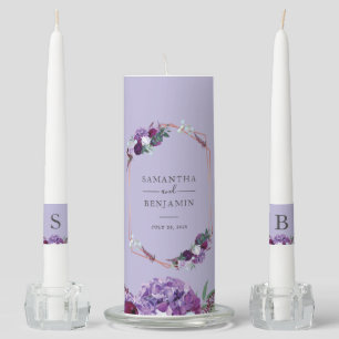 Purple Floral Watercolor Foliage Wedding Unity Candle Set