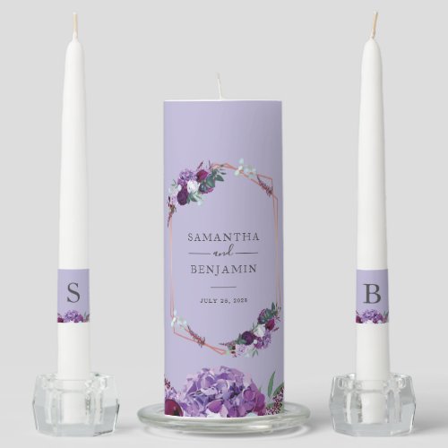 Purple Floral Watercolor Foliage Wedding Unity Candle Set