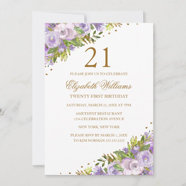 Purple Floral Watercolor Gold 21st Birthday Invitation (Front)