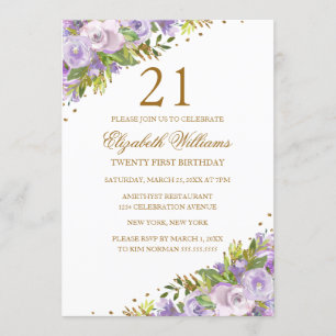 Purple Floral Watercolor Gold 21st Birthday Invitation