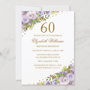Purple Floral Watercolor Gold 60th Birthday Invitation