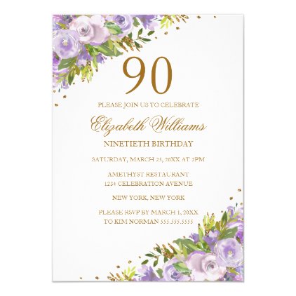 Purple Floral Watercolor Gold 90th Birthday Card
