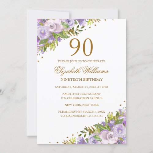 Purple Floral Watercolor Gold 90th Birthday Invitation