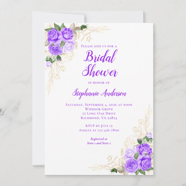 Purple Floral Watercolor Gold Bridal Shower Invitation (Front)