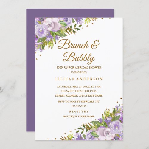 Purple Floral Watercolor Gold Brunch And Bubbly Invitation