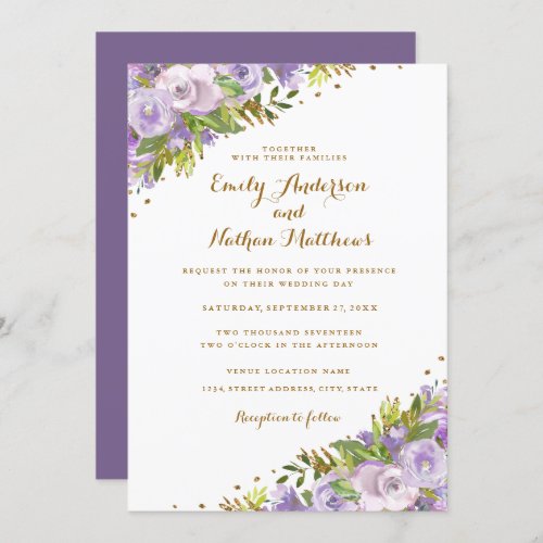 Purple Floral Watercolor Gold Glitter Wedding Invitation
