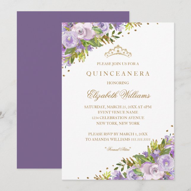 Purple Floral Watercolor Gold Quinceanera Invitation (Front/Back)