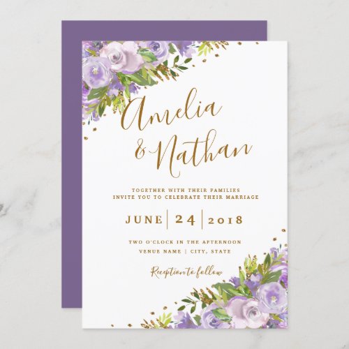 Purple Floral Watercolor Gold Wedding Invitation