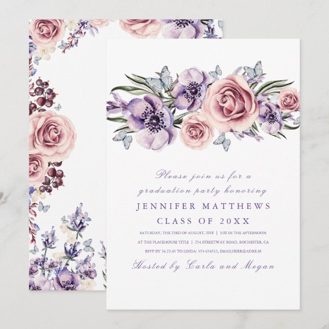 Purple Floral Watercolor Graduation Invitation (Front/Back)