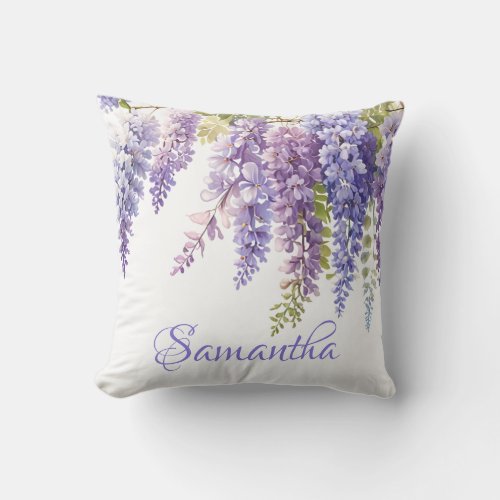 Purple floral watercolor lavender lilac wisteria  throw pillow