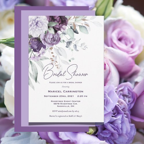 Purple Floral Watercolor Modern Bridal Shower Invitation