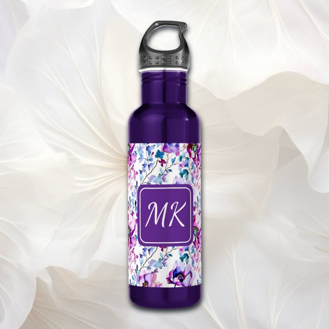 Purple Floral Watercolor Monogrammed Stainless Steel Water Bottle (Creator Uploaded)