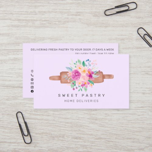 Purple floral watercolor pastry bakery rolling pin business card