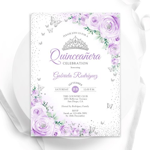 Purple Floral Watercolor Roses Quinceanera Invitation