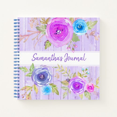 Purple floral watercolor rustic wood custom square notebook