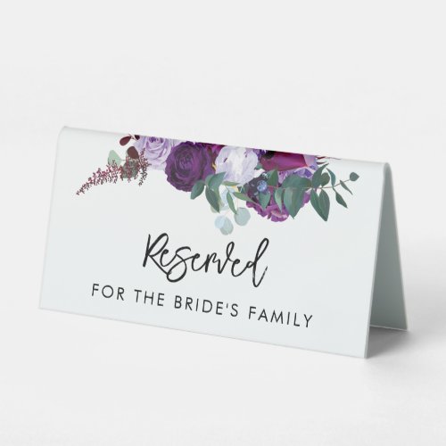 Purple Floral Watercolor Script Elegant Wedding Table Tent Sign