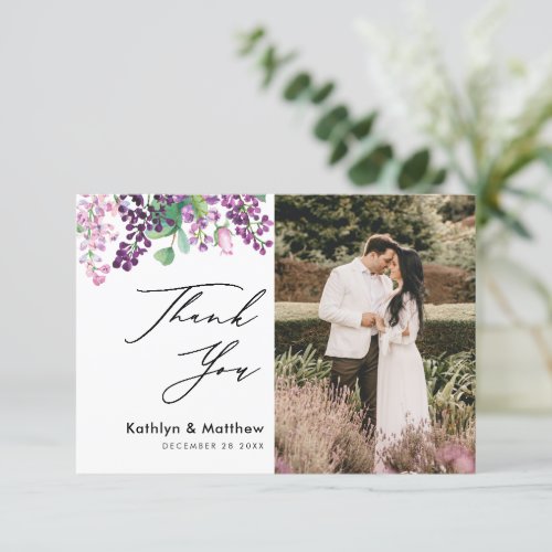 Purple Floral Watercolor Script Photo Wedding Thank You Card