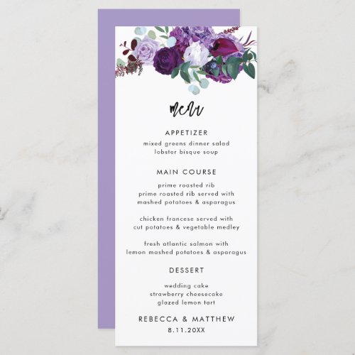 Purple Floral Watercolor Script Wedding Dinner Menu