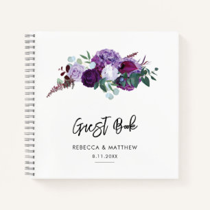 Purple Floral Watercolor Script Wedding Guest Notebook