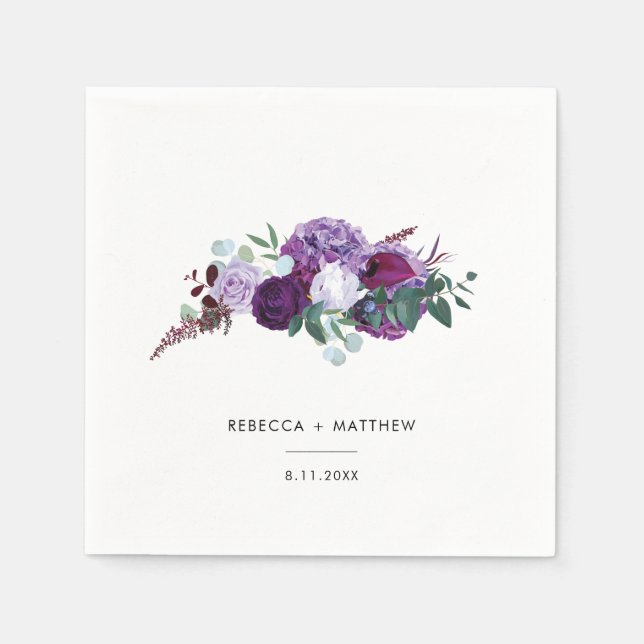 Purple Floral Watercolor Script Wedding Paper Napkins (Front)