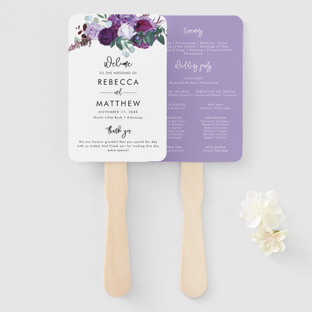 Purple Floral Watercolor Script Wedding Program Hand Fan (Front and Back)