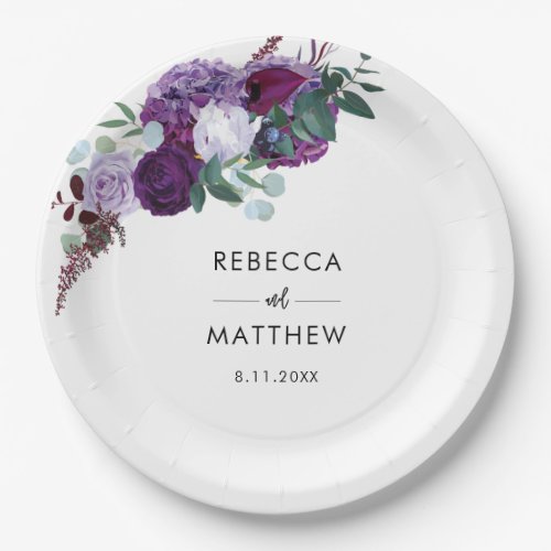 Purple Floral Watercolor Script Wedding Reception Paper Plates