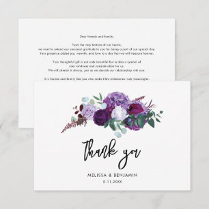 Purple Floral Watercolor Script Wedding Thank You Card