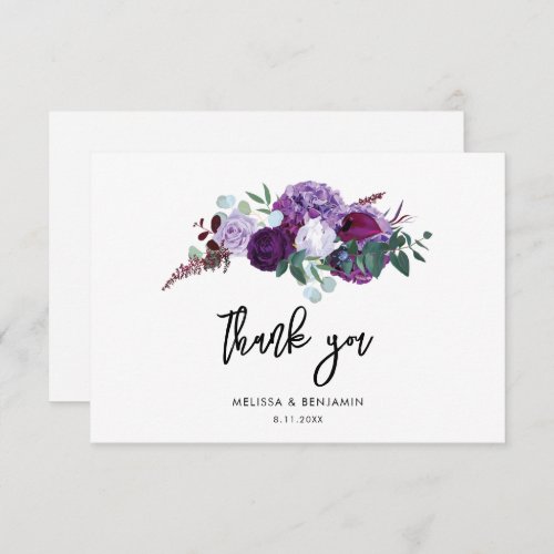 Purple Floral Watercolor Script Wedding Thank You Card